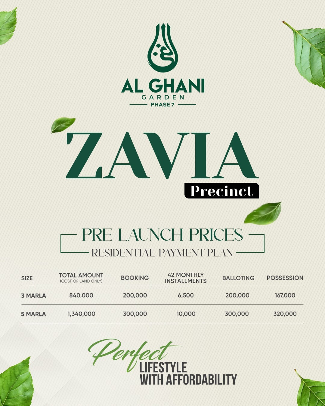 Al Ghani Garden Phase 7 – Zavia Precinct Pre-Launch Prices & Payment Plan