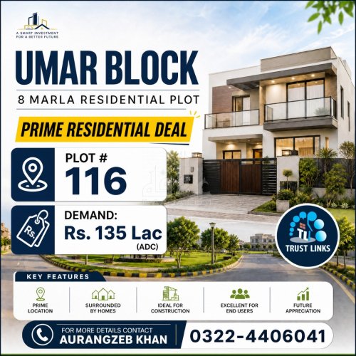 8 Marla Plot for sale in Sector B - Umer Block, Bahria Town, Lahore - (ID-16105)