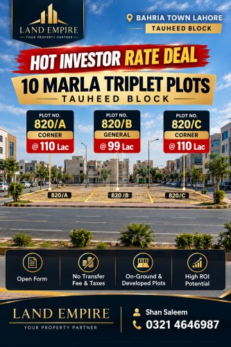 10 Marla Plot for sale in Sector F - Tauheed Block, Bahria Town, Lahore - (ID-16868)