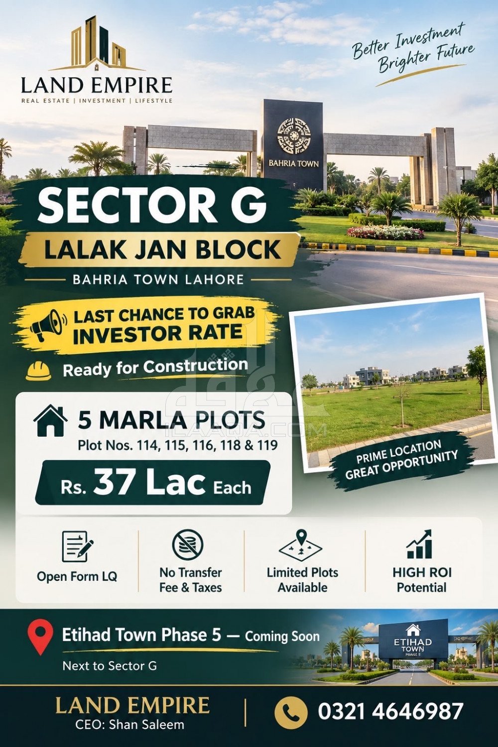 5 Marla Plot for sale in Sector G - Lalak Jan Block, Bahria Town, Lahore - (ID-16869)
