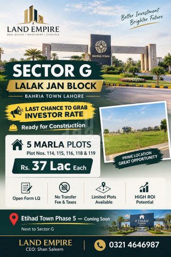 5 Marla Plot for sale in Sector G - Lalak Jan Block, Bahria Town, Lahore - (ID-16869)