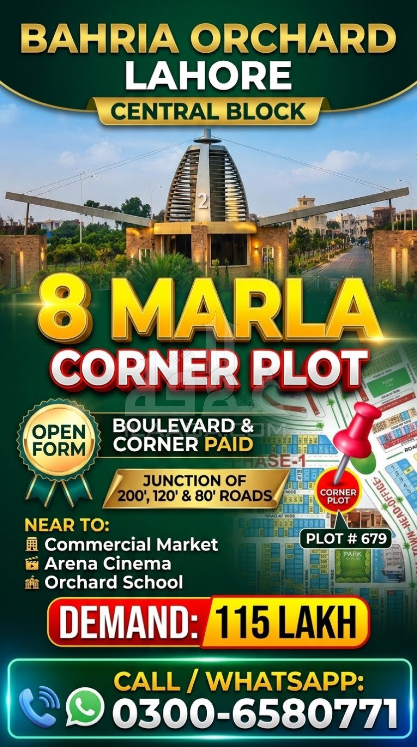 8 Marla Plot for sale in Phase 1 - Central District, Bahria Orchard, Lahore - (ID-16914)