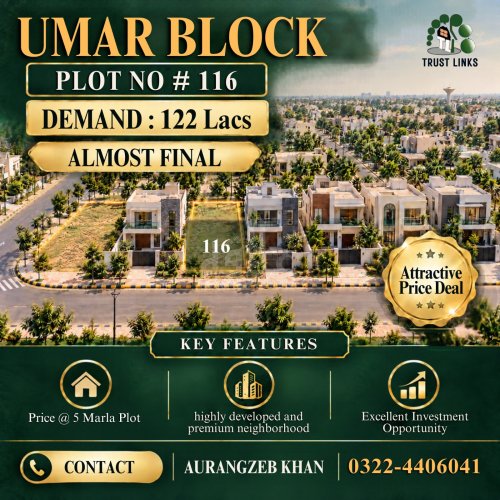 8 Marla Plot for sale in Sector B - Umer Block, Bahria Town, Lahore - (ID-16941)