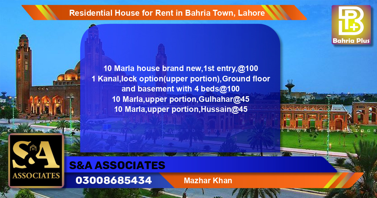 Residential House for Rent in Bahria Town, Lahore - (BP-107874)