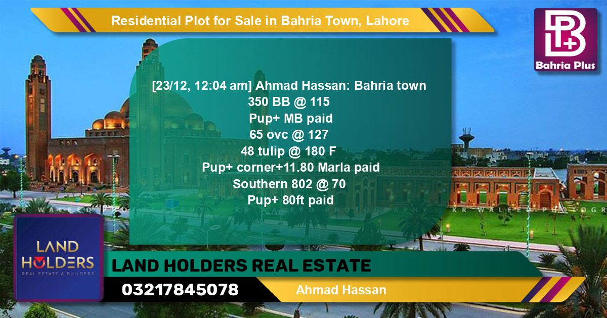 Residential Plot for Sale in Bahria Town, Lahore - (BP-115108)