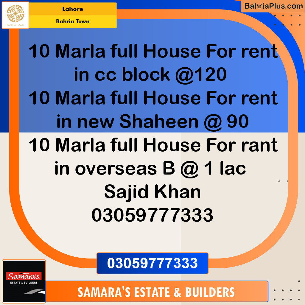 Residential House for Rent in Sector D - CC Block -  Bahria Town, Lahore - (BP-118999)