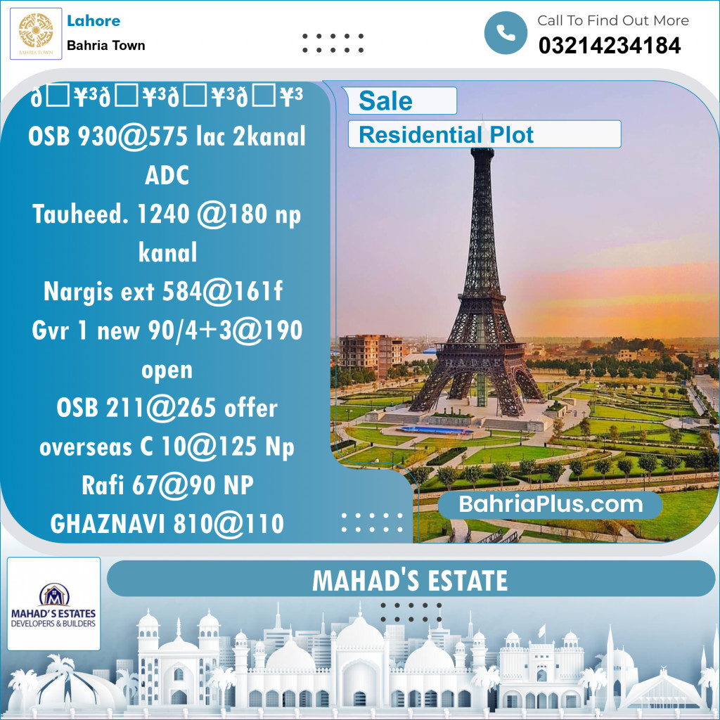 Residential Plot for Sale in Bahria Town, Lahore - (BP-119264)