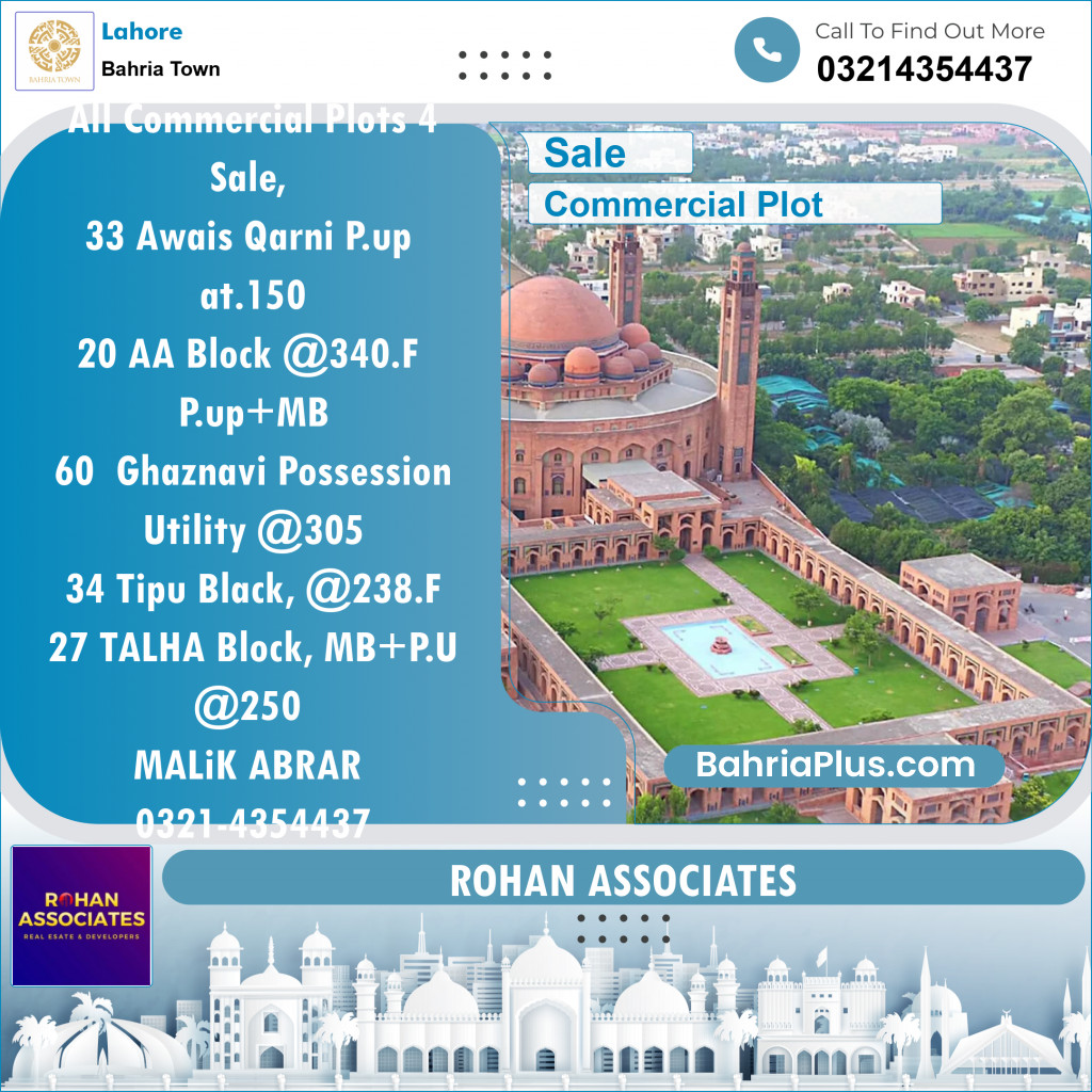 Commercial Plot for Sale in Sector B - Awais Qarni -  Bahria Town, Lahore - (BP-119999)