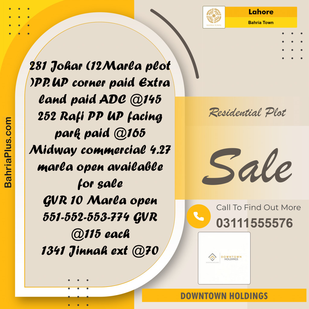 Residential Plot for Sale in Bahria Town, Lahore - (BP-120090)