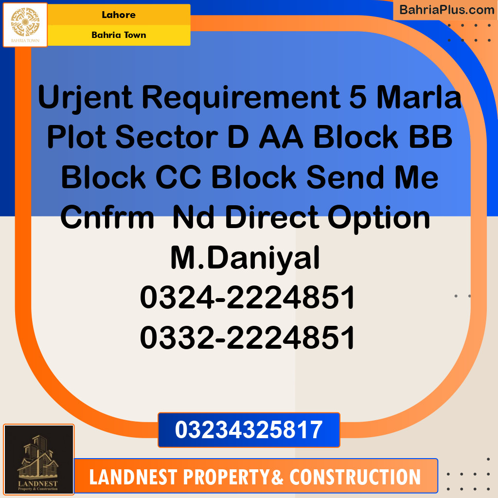 Residential Plot for Sale in Sector D - AA Block -  Bahria Town, Lahore - (BP-120108)
