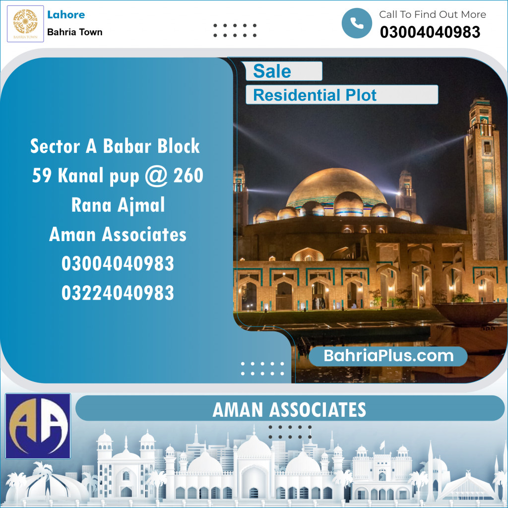 Residential Plot for Sale in Sector A - Babar Block -  Bahria Town, Lahore - (BP-120292)