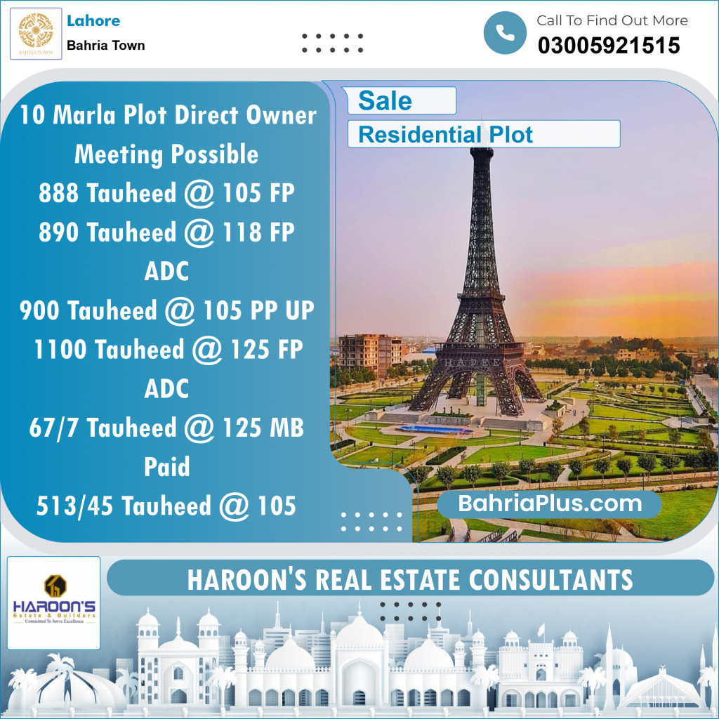 Residential Plot for Sale in Sector F - Tauheed Block -  Bahria Town, Lahore - (BP-121113)
