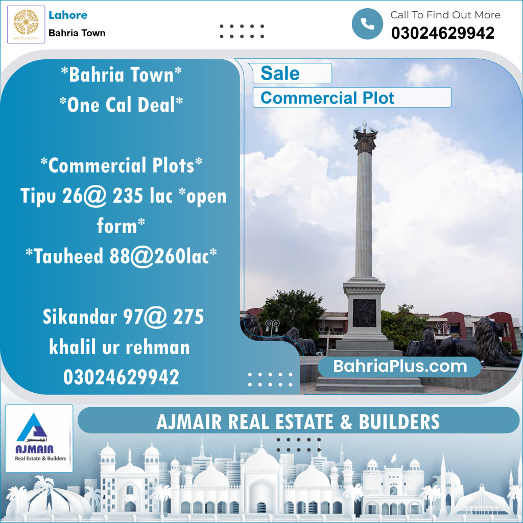Commercial Plot for Sale in Sector F - Tipu Sultan Block -  Bahria Town, Lahore - (BP-121272)