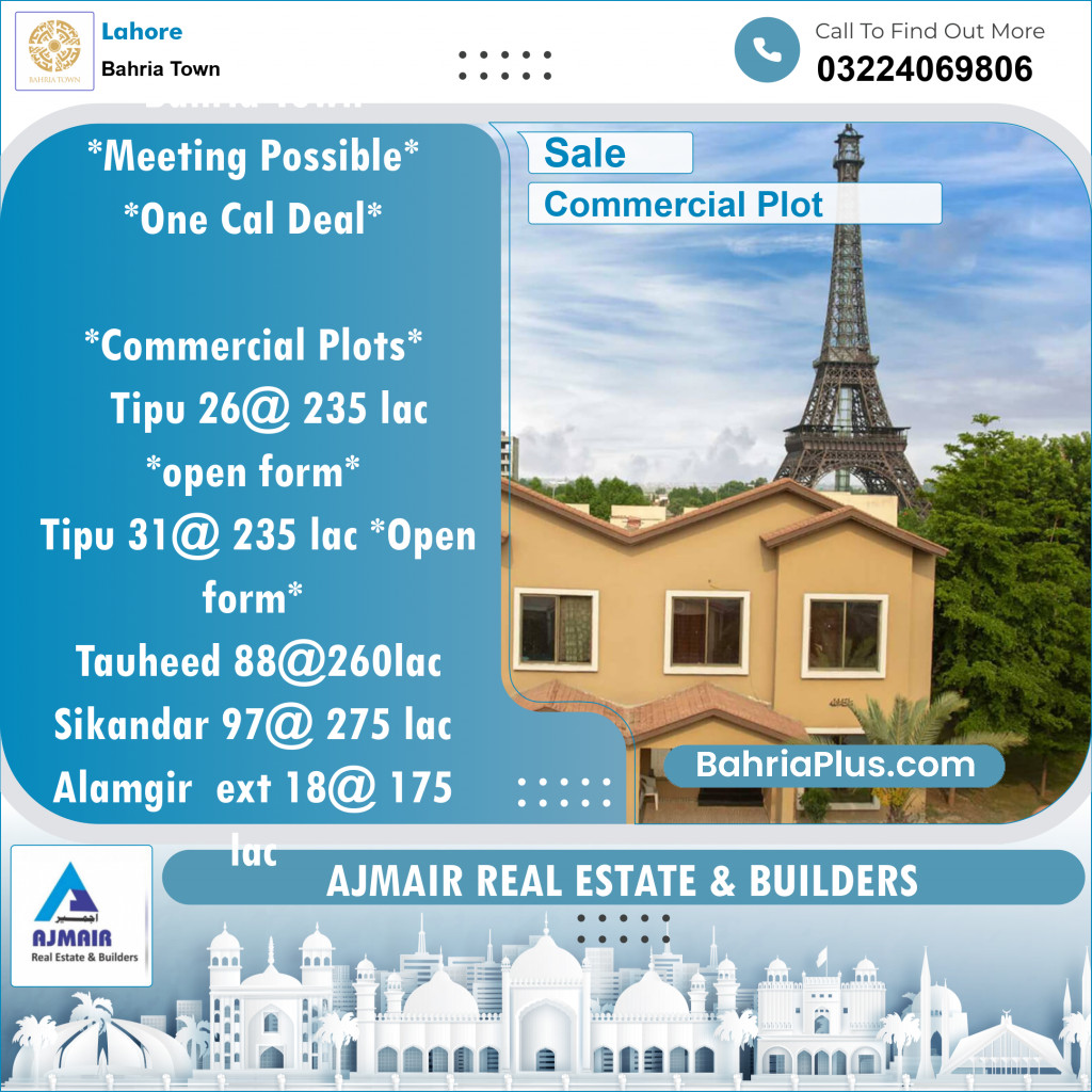 Commercial Plot for Sale in Sector F - Tipu Sultan Block -  Bahria Town, Lahore - (BP-121344)