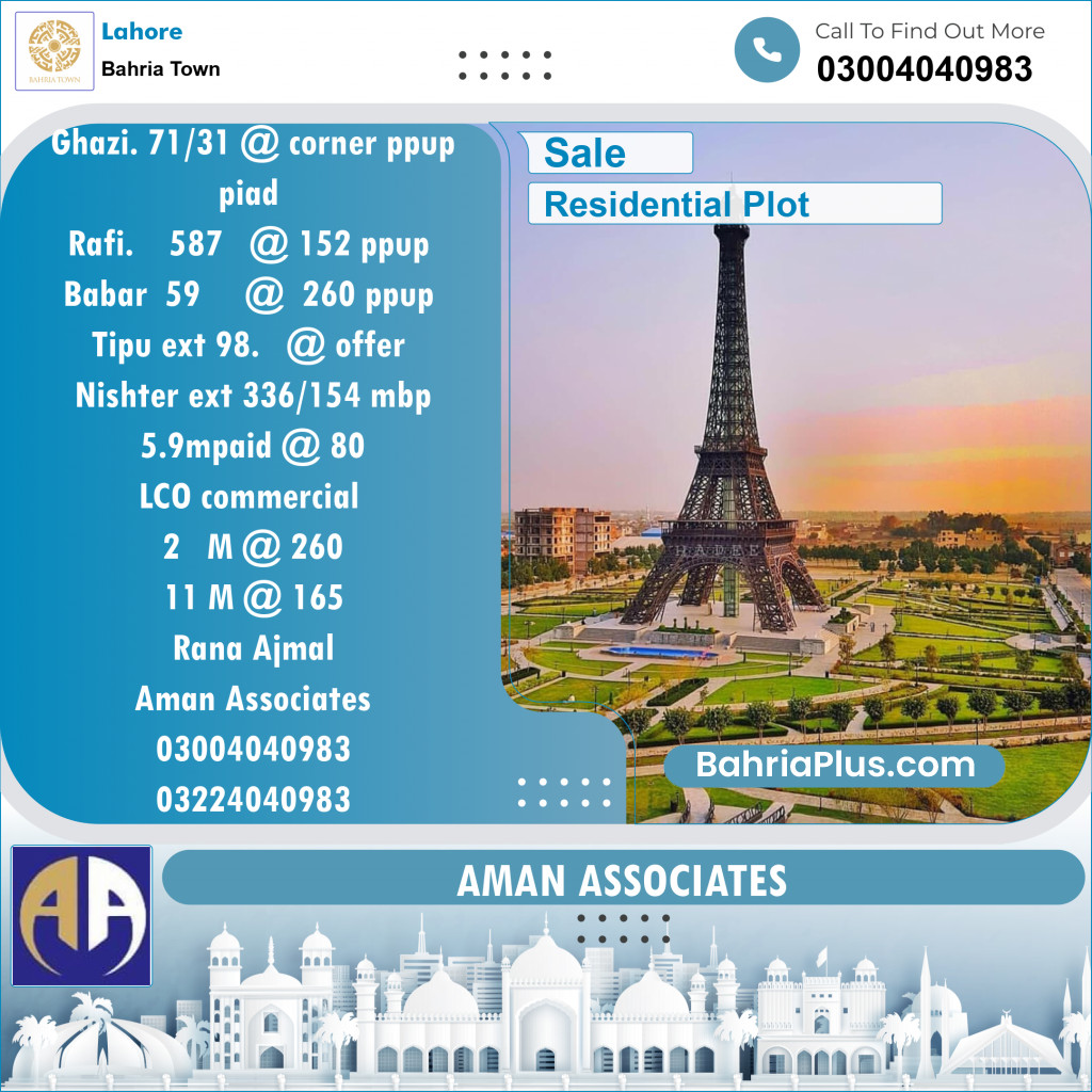 Residential Plot for Sale in Bahria Town, Lahore - (BP-121454)
