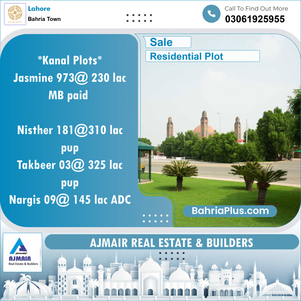 Residential Plot for Sale in Sector C - Jasmine Block -  Bahria Town, Lahore - (BP-121563)