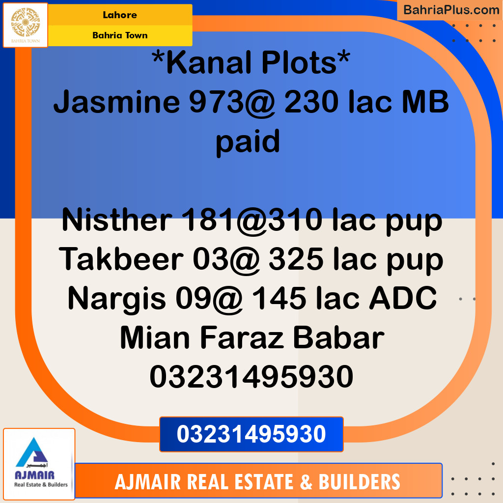 Residential Plot for Sale in Sector C - Jasmine Block -  Bahria Town, Lahore - (BP-121998)