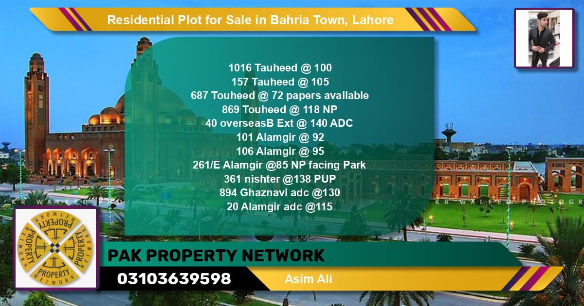 Residential Plot for Sale in Sector F - Tauheed Block -  Bahria Town, Lahore - (BP-122029)