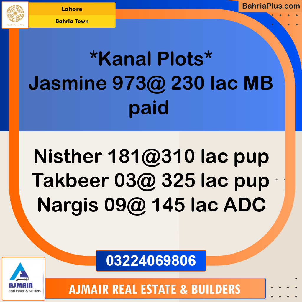 Residential Plot for Sale in Sector C - Jasmine Block -  Bahria Town, Lahore - (BP-122173)