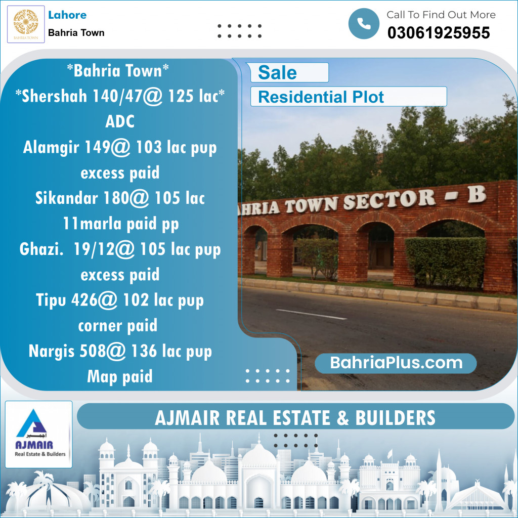 Residential Plot for Sale in Sector F - Shershah Block -  Bahria Town, Lahore - (BP-122212)
