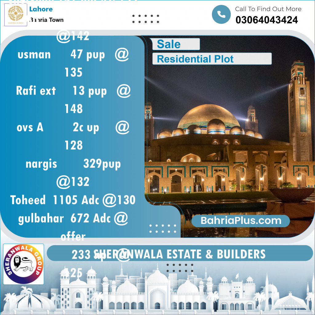 Residential Plot for Sale in Sector F - Shershah Block -  Bahria Town, Lahore - (BP-122302)