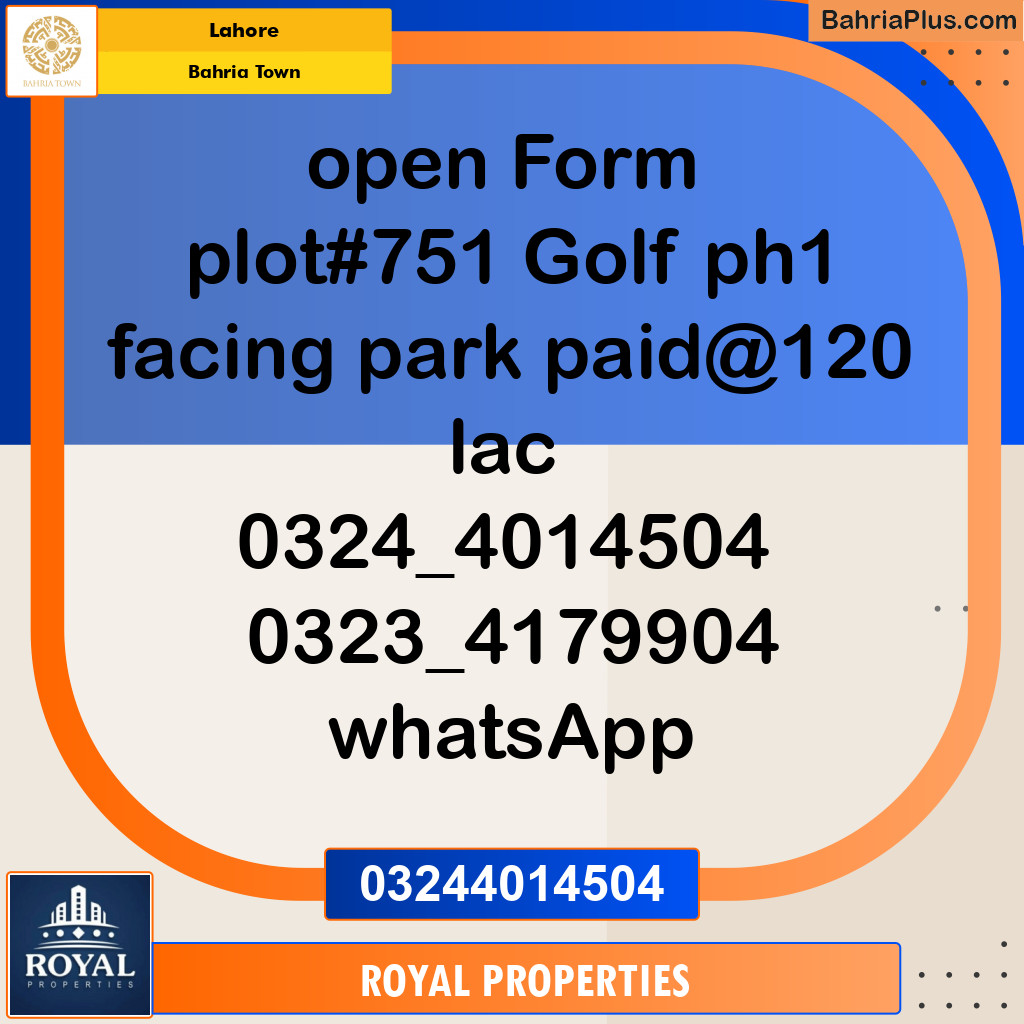 Residential Plot for Sale in Golf Phase 1 -  Bahria Town, Lahore - (BP-122355)