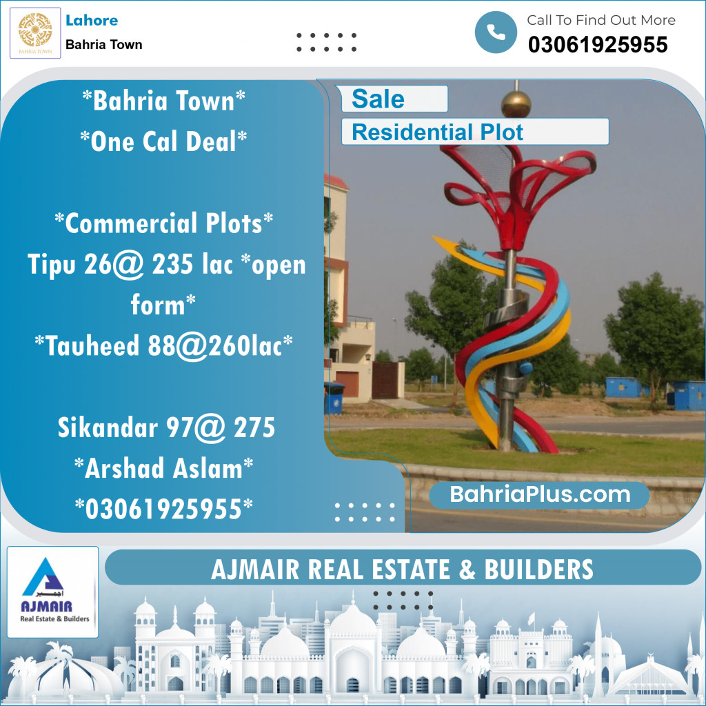 Residential Plot for Sale in Sector F - Tipu Sultan Block -  Bahria Town, Lahore - (BP-122753)