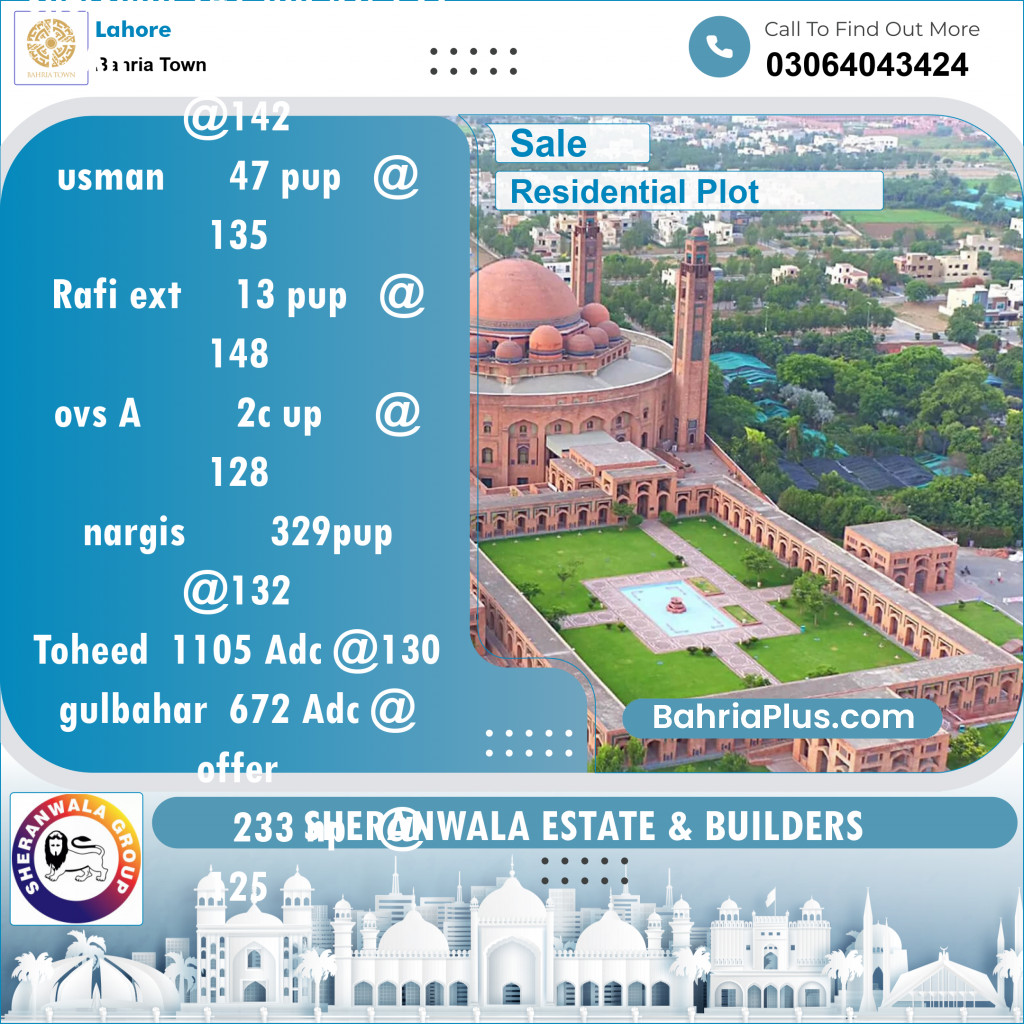 Residential Plot for Sale in Sector F - Shershah Block -  Bahria Town, Lahore - (BP-124185)