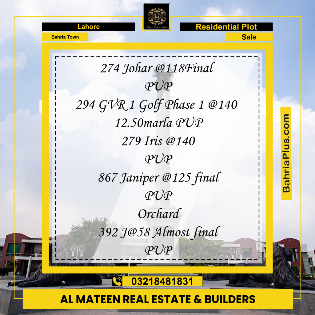 Residential Plot for Sale in Bahria Town, Lahore - (BP-124526)