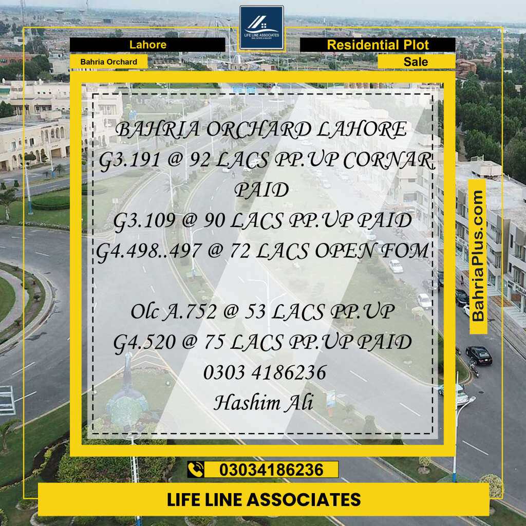 Residential Plot for Sale in Phase 4 - G3 Block -  Bahria Orchard, Lahore - (BP-128986)