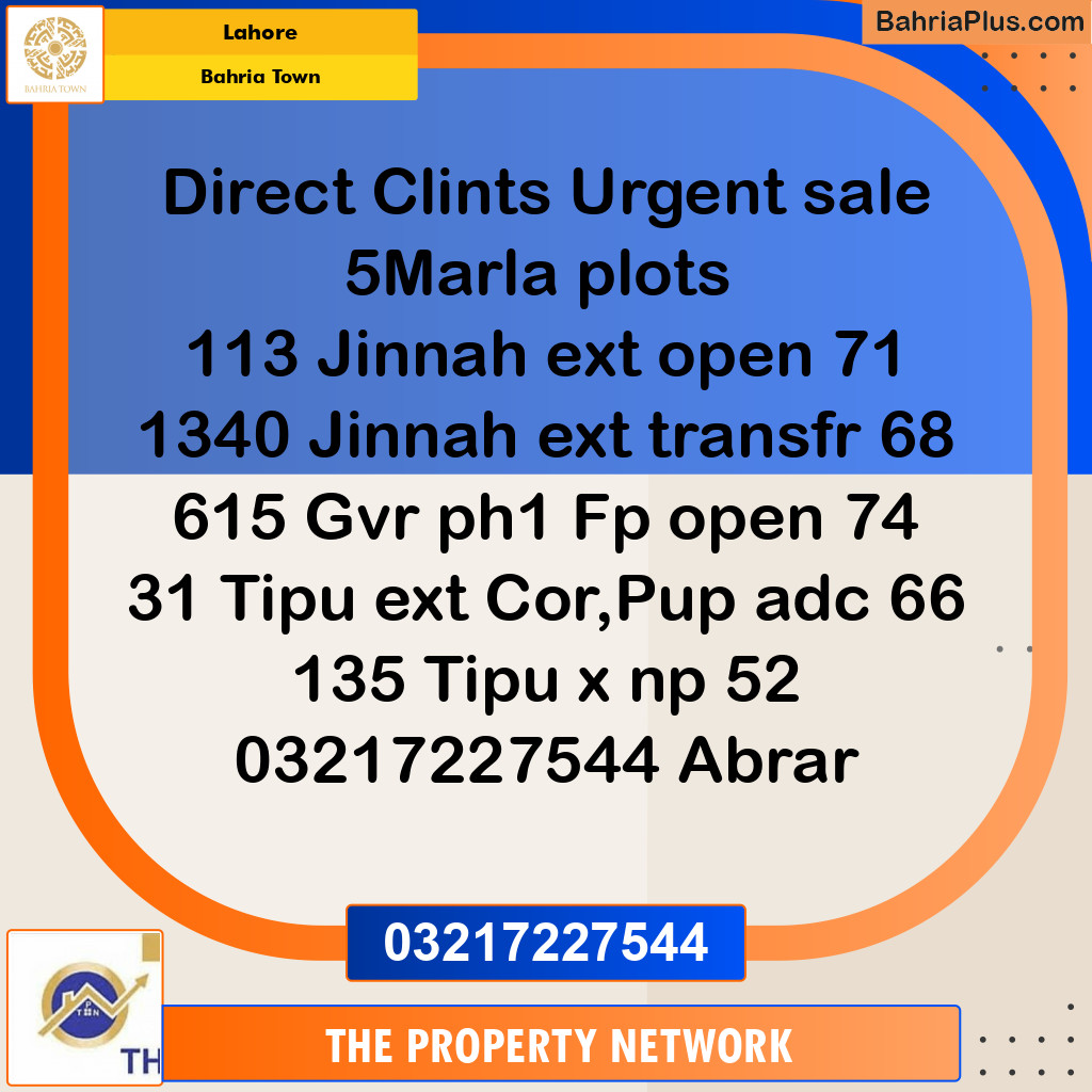 Residential Plot for Sale in Sector E - Jinnah Ext. Block -  Bahria Town, Lahore - (BP-131412)