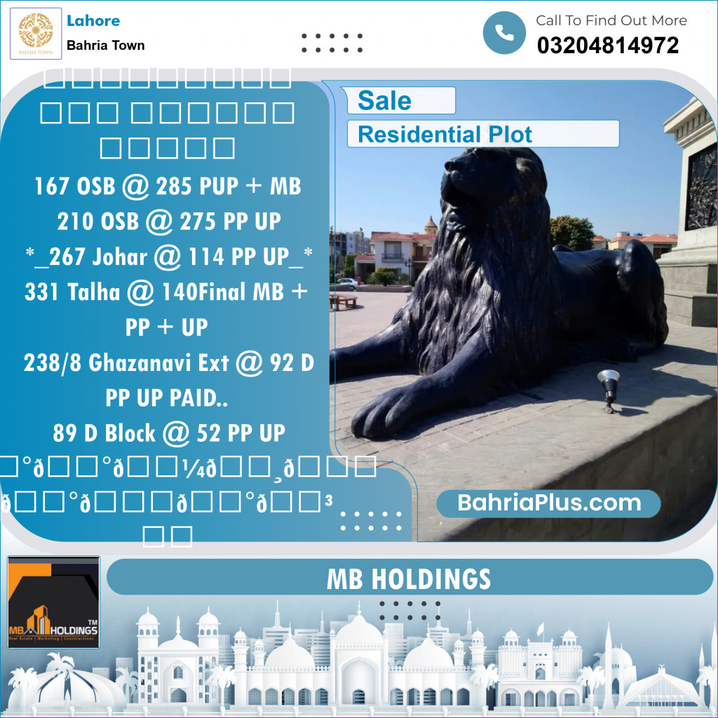 Residential Plot for Sale in Overseas B -  Bahria Town, Lahore - (BP-131552)