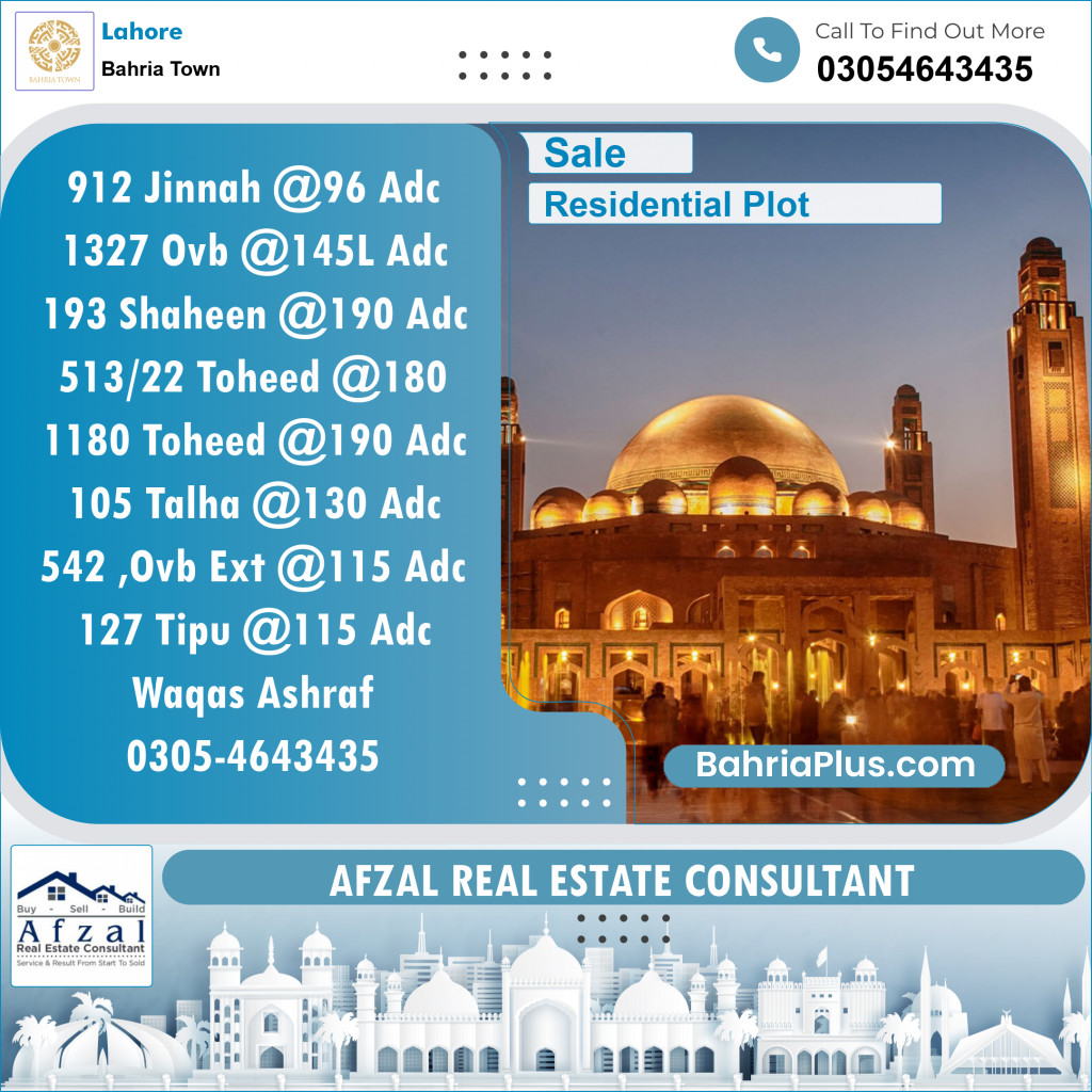Residential Plot for Sale in Sector E - Jinnah Block -  Bahria Town, Lahore - (BP-131620)
