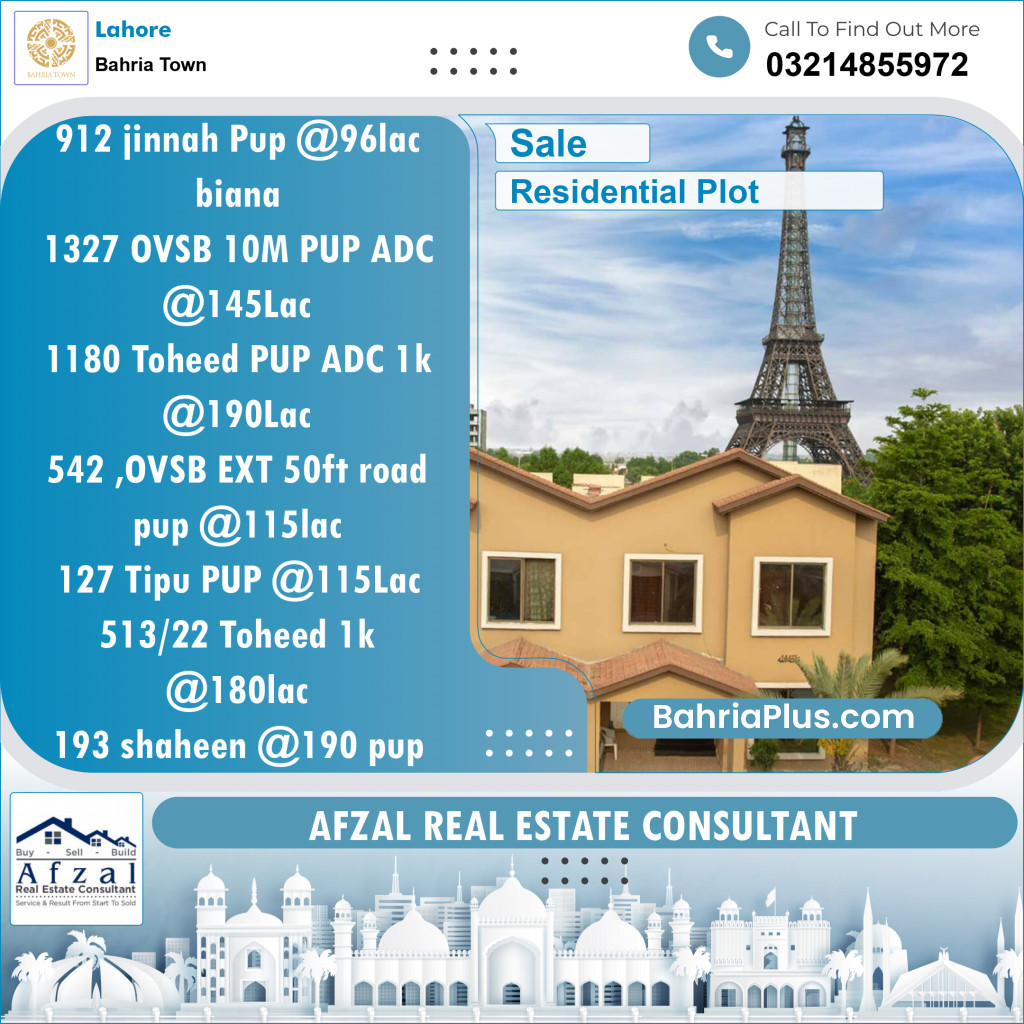Residential Plot for Sale in Sector E - Jinnah Block -  Bahria Town, Lahore - (BP-131626)