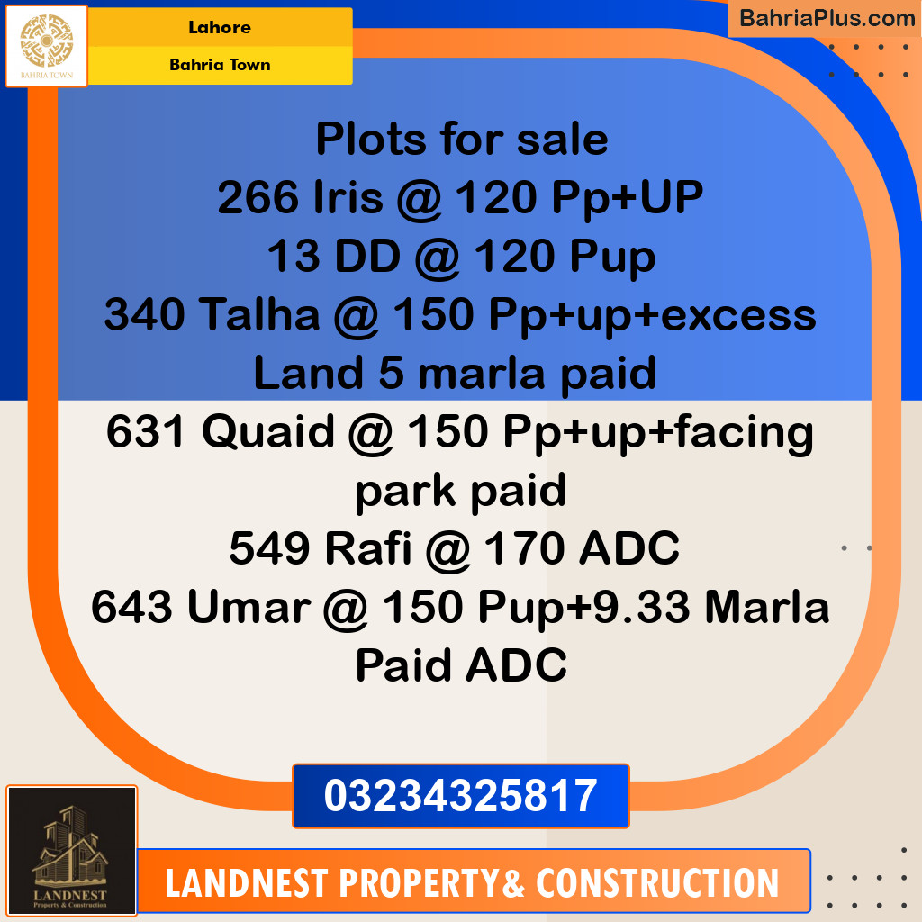 Residential Plot for Sale in Sector C - Iris Block -  Bahria Town, Lahore - (BP-131793)