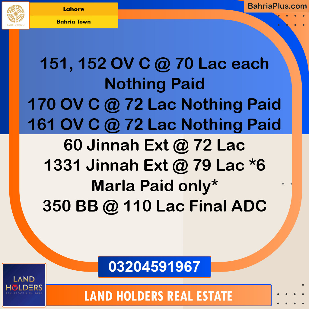 Residential Plot for Sale in Overseas C -  Bahria Town, Lahore - (BP-131923)