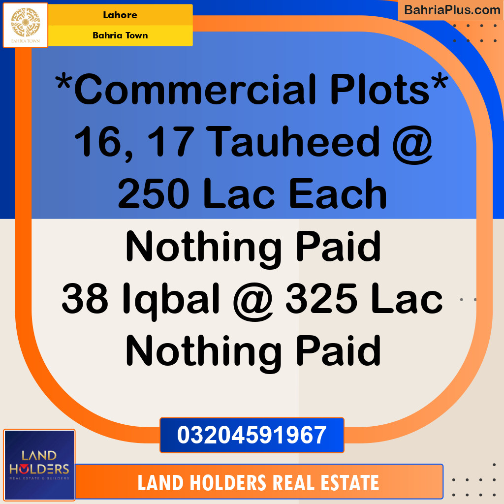 Commercial Plot for Sale in Sector F - Tauheed Block -  Bahria Town, Lahore - (BP-131933)