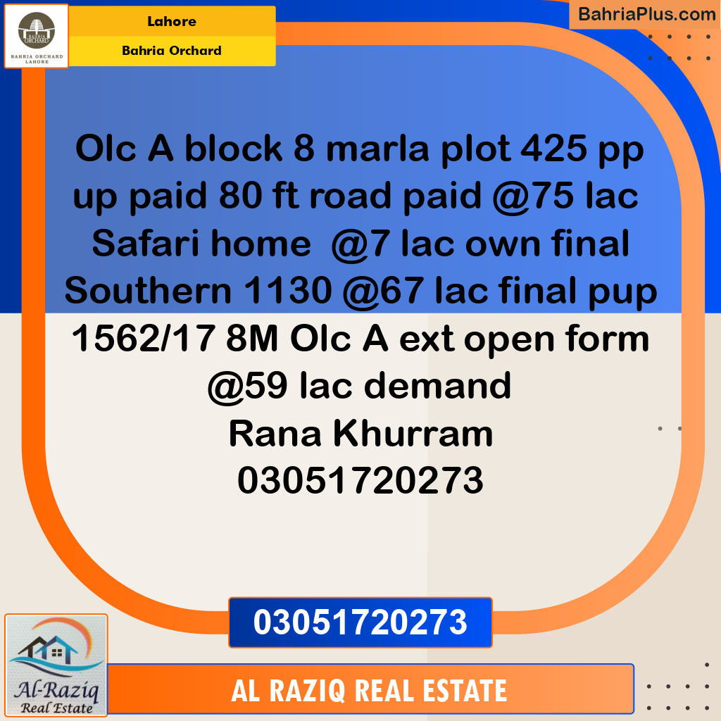Residential Plot for Sale in OLC-A Block -  Bahria Orchard, Lahore - (BP-132566)