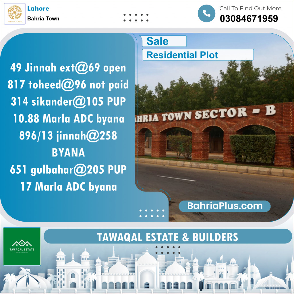 Residential Plot for Sale in Bahria Town, Lahore - (BP-140798)