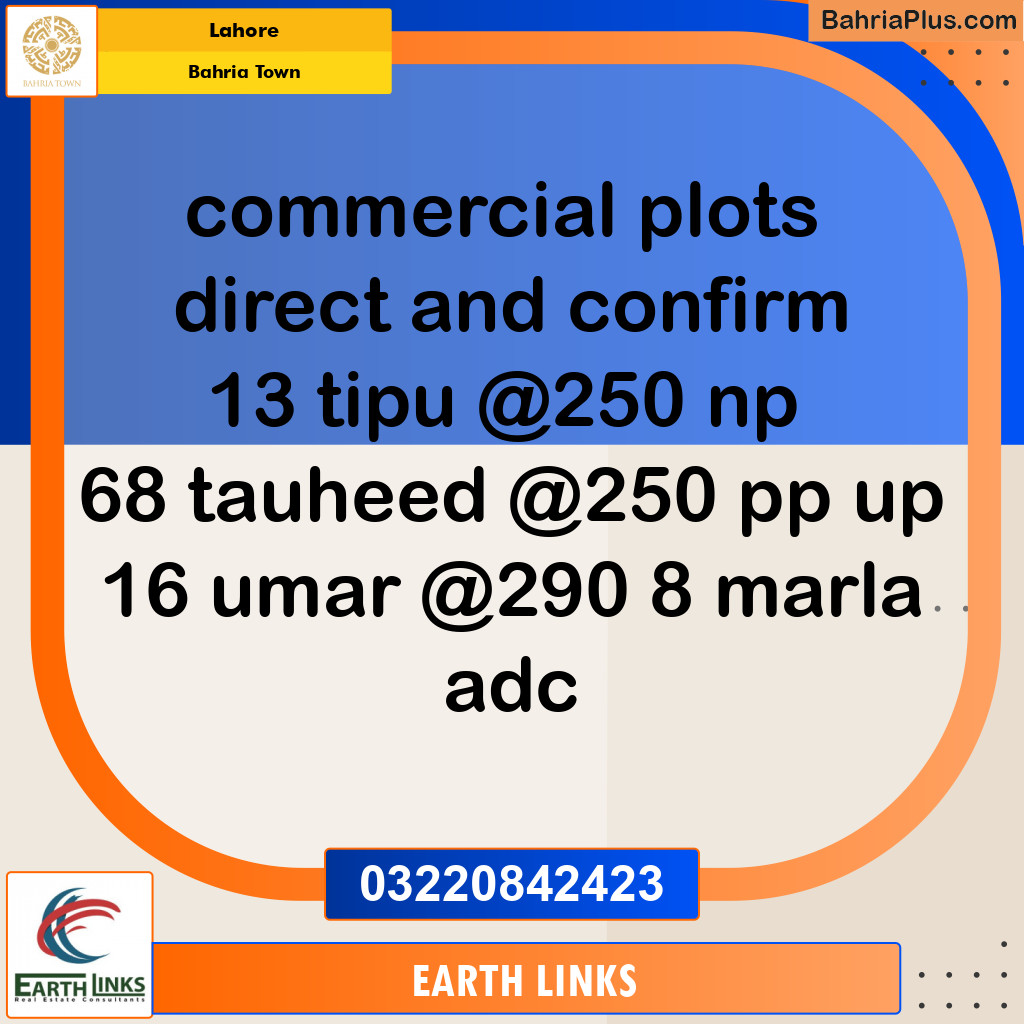 Commercial Plot for Sale in Sector F - Tipu Sultan Block -  Bahria Town, Lahore - (BP-145255)