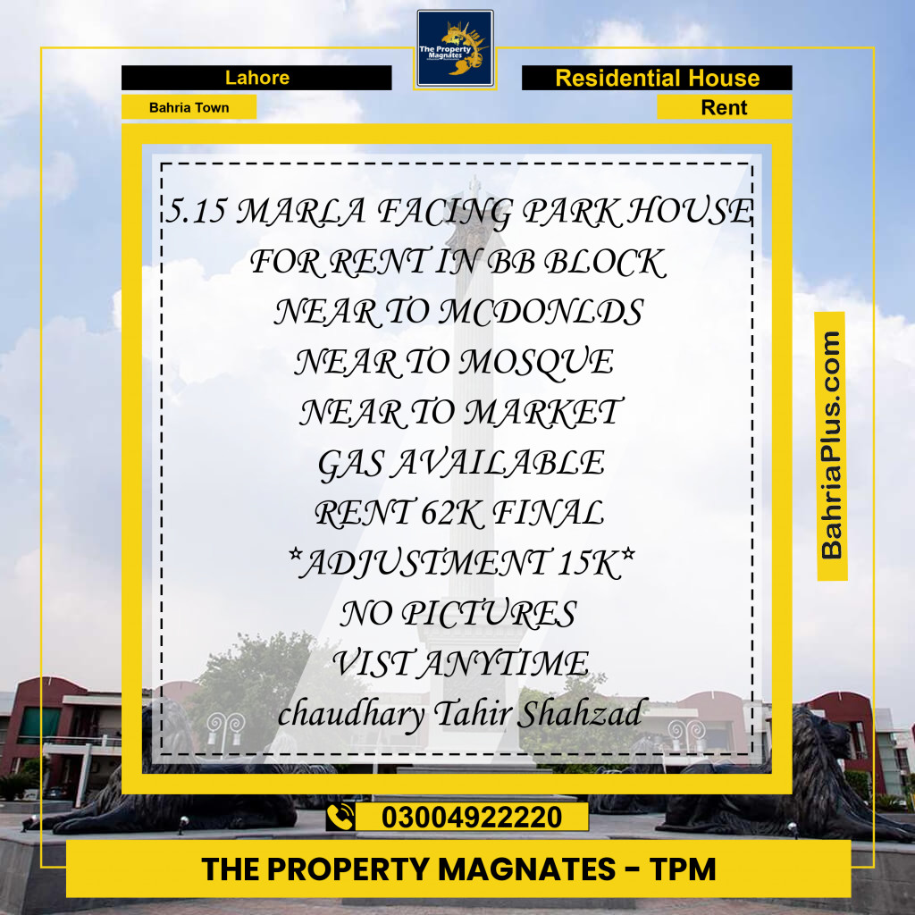 Residential House for Rent in Bahria Town, Lahore - (BP-145740)