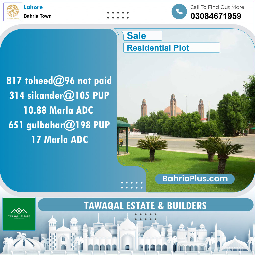 Residential Plot for Sale in Sector F - Tauheed Block -  Bahria Town, Lahore - (BP-146262)