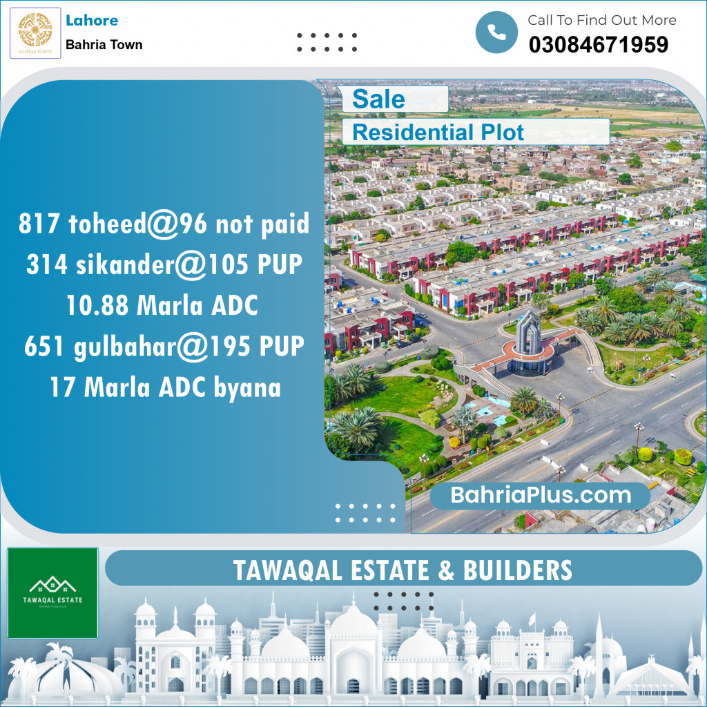 Residential Plot for Sale in Sector F - Tauheed Block -  Bahria Town, Lahore - (BP-147222)
