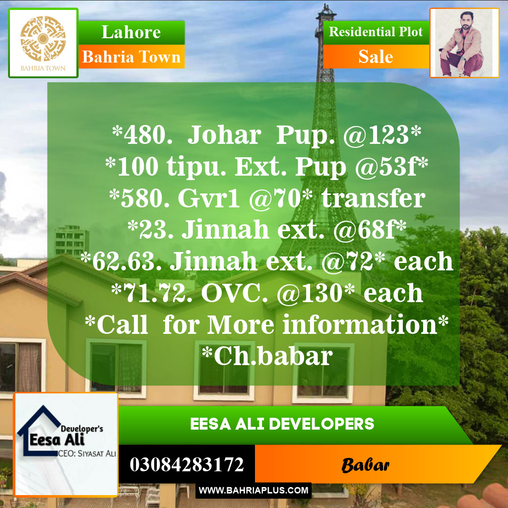 Residential Plot for Sale in Sector F - Tipu Sultan Ext. -  Bahria Town, Lahore - (BP-148314)
