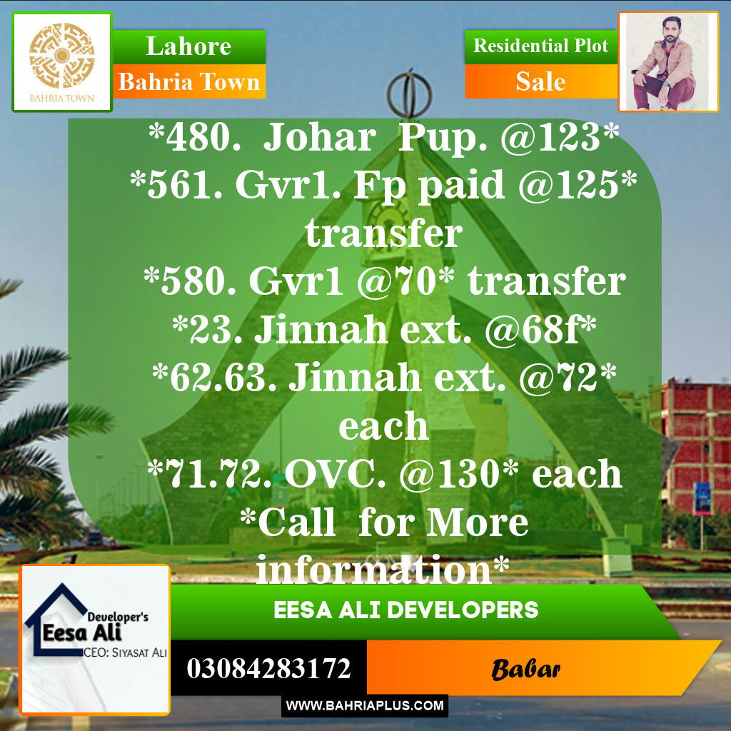 Residential Plot for Sale in Sector E - Johar Block -  Bahria Town, Lahore - (BP-148864)