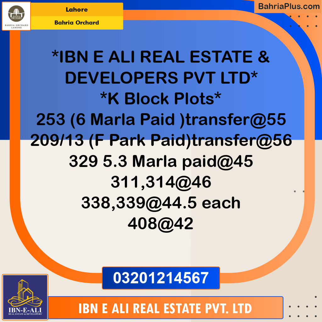 Residential Plot for Sale in Phase 2 - K Block -  Bahria Orchard, Lahore - (BP-149160)