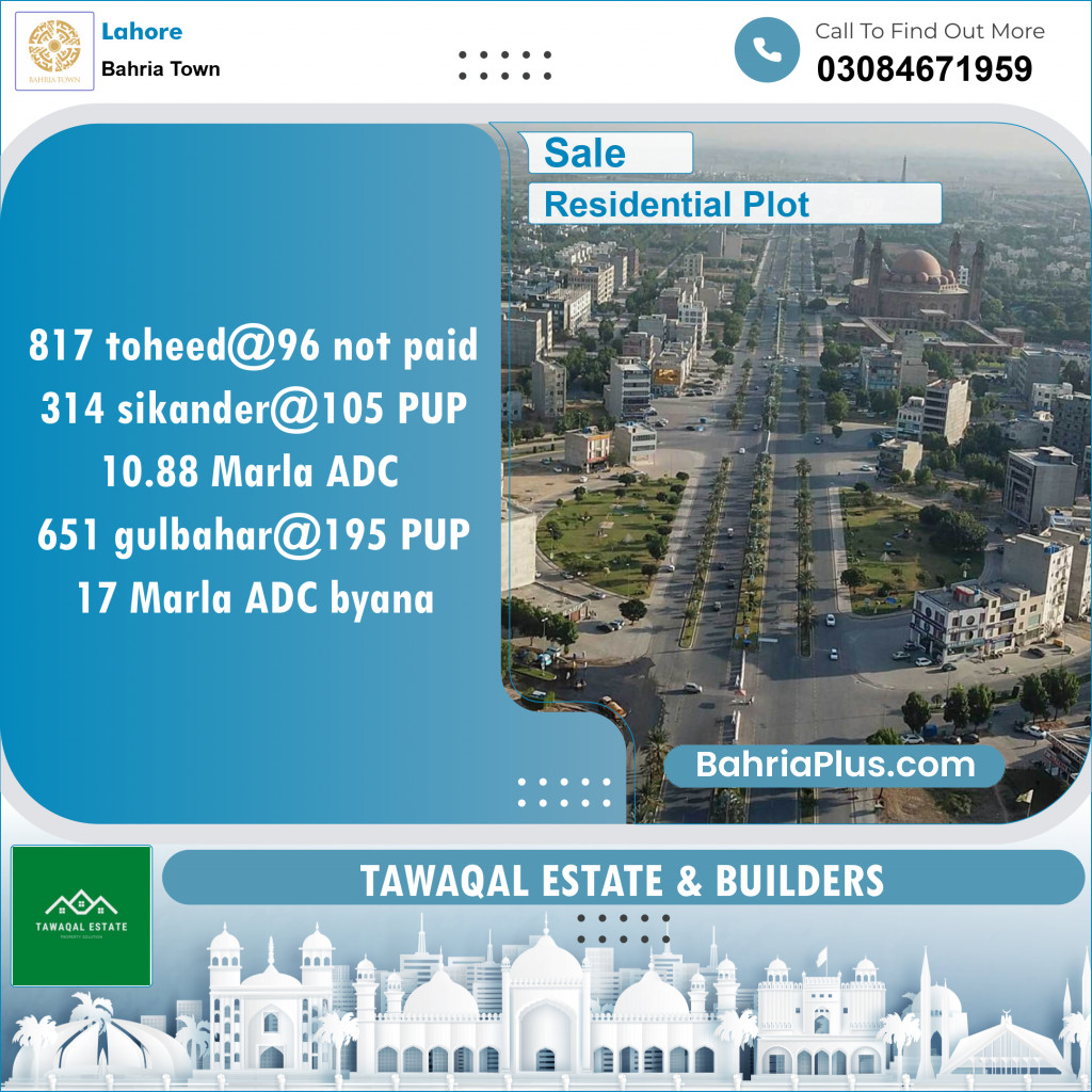 Residential Plot for Sale in Sector F - Tauheed Block -  Bahria Town, Lahore - (BP-149413)