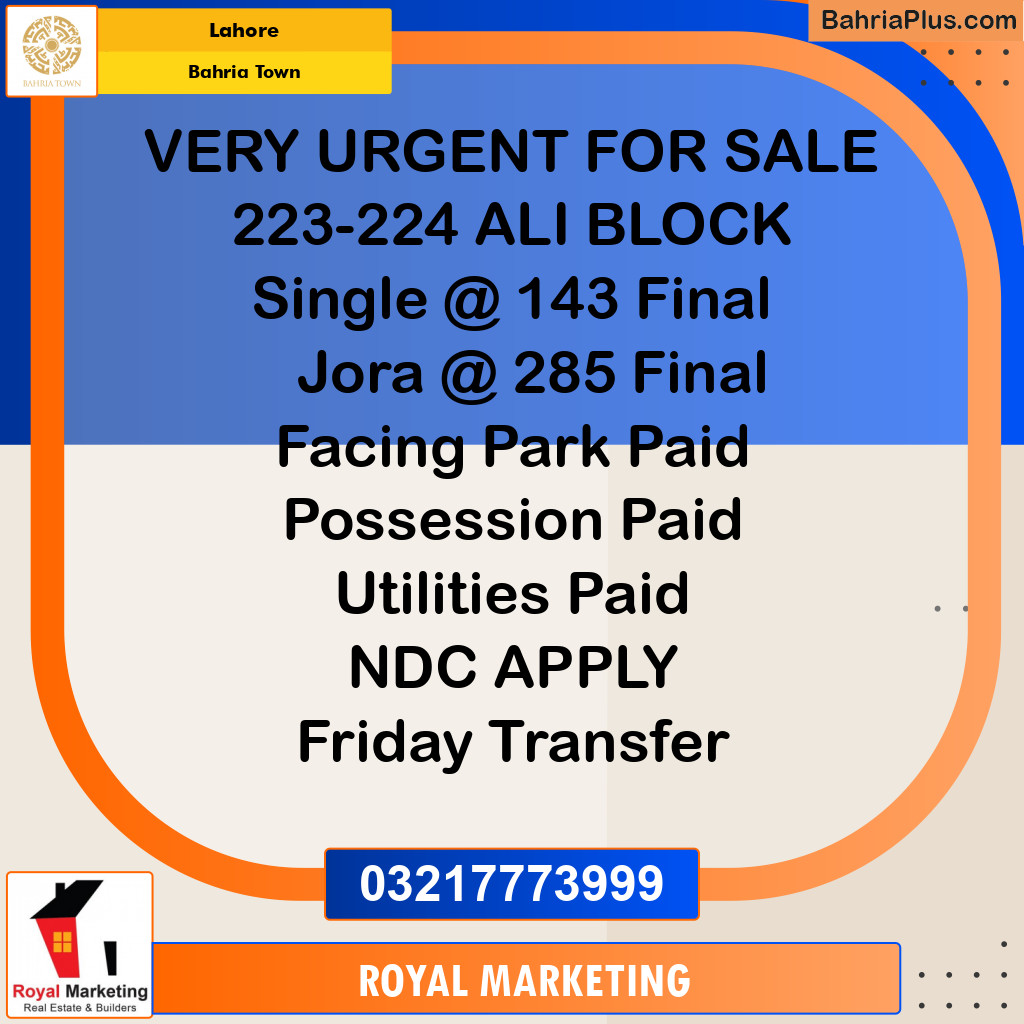 Residential Plot for Sale in Sector B - Ali Block -  Bahria Town, Lahore - (BP-149476)