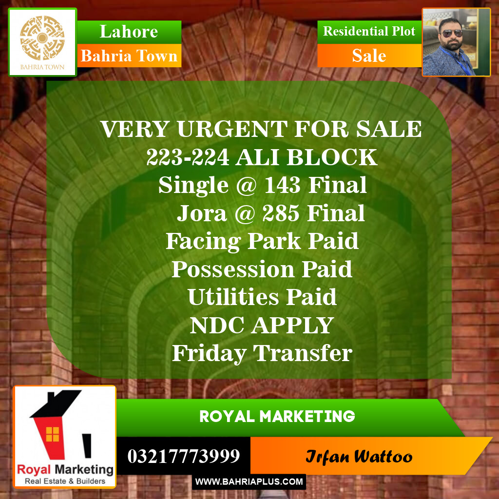 Residential Plot for Sale in Sector B - Ali Block -  Bahria Town, Lahore - (BP-149817)