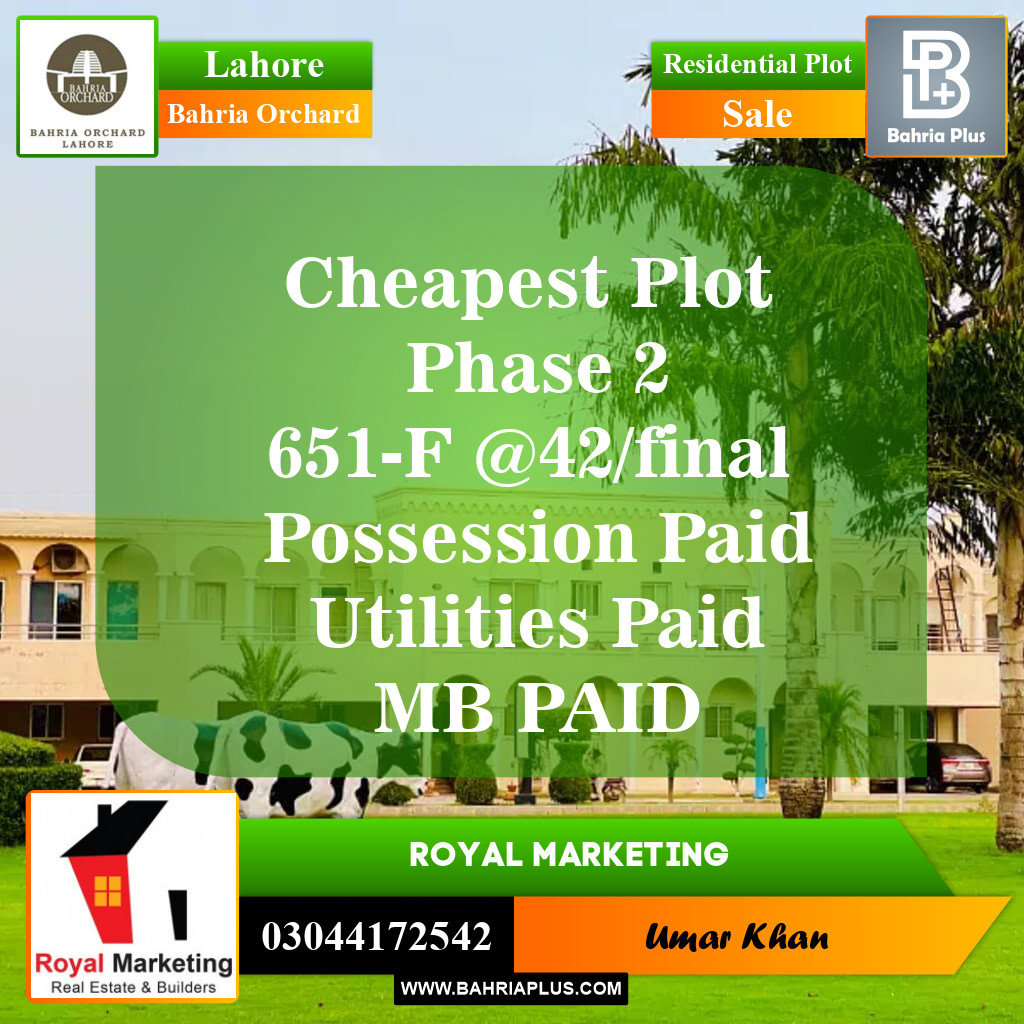 Residential Plot for Sale in Phase 2 - F Block -  Bahria Orchard, Lahore - (BP-150897)